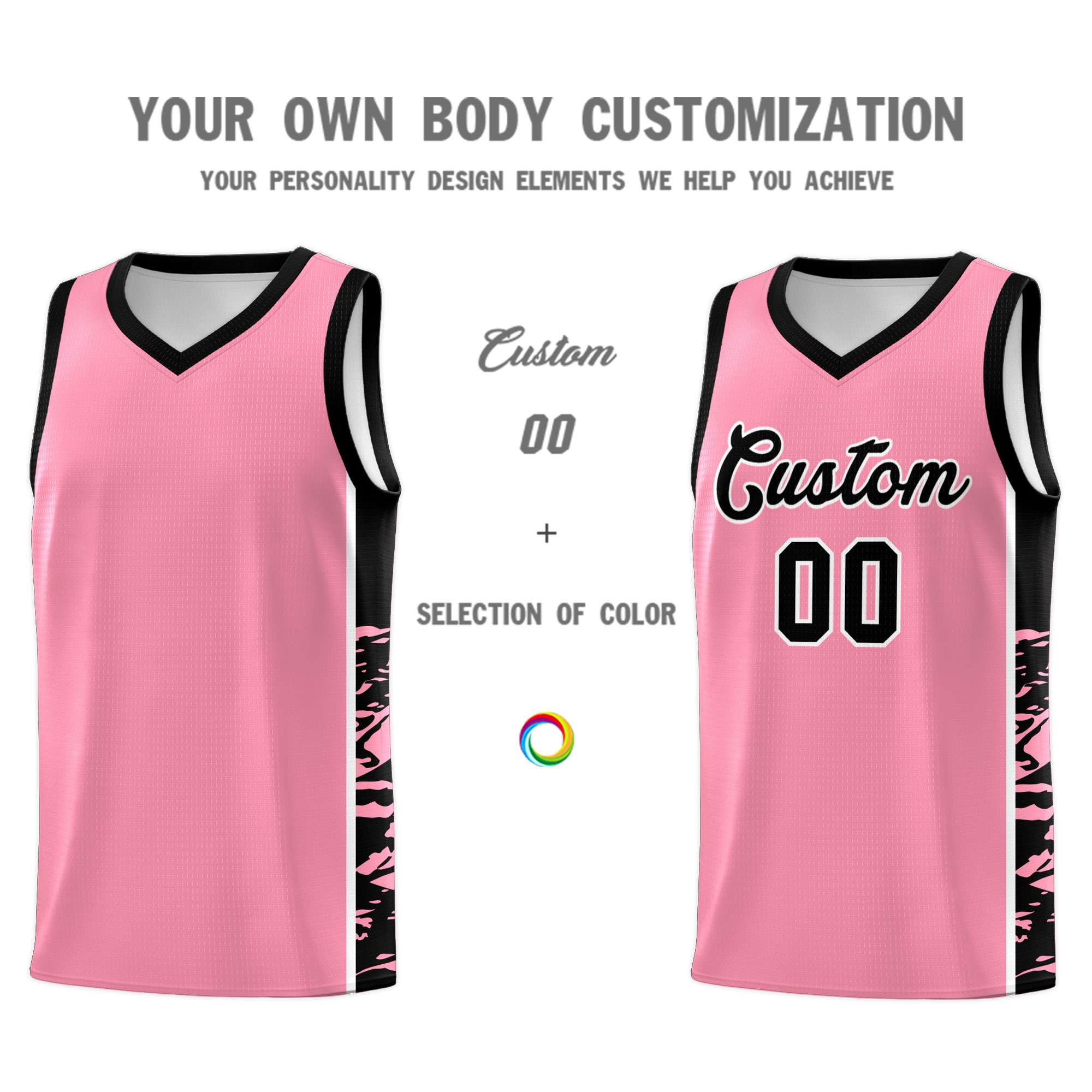 Custom Light Pink Black Side Gradient Pattern Basketball Kits