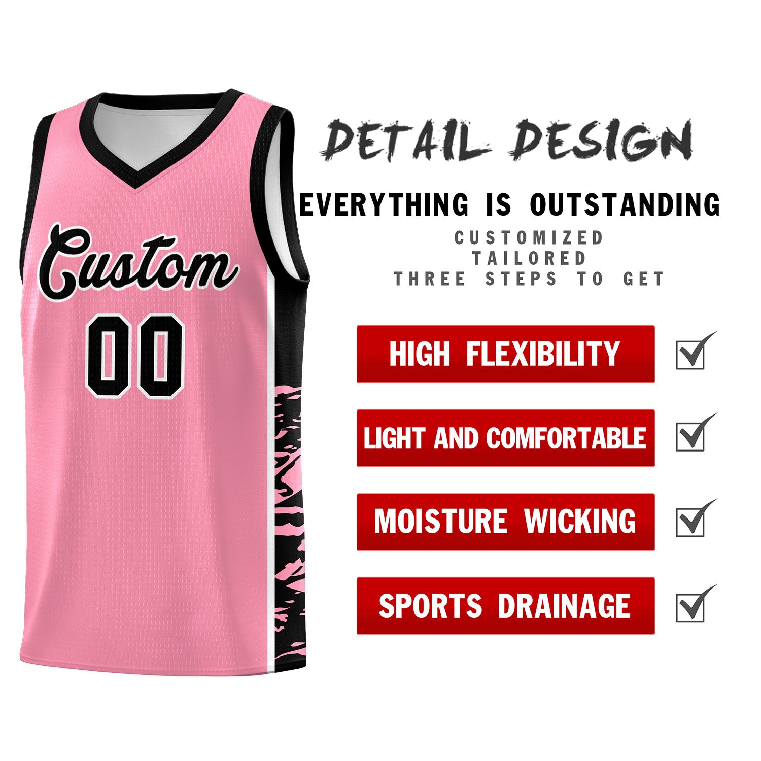 Custom Light Pink Black Side Gradient Pattern Basketball Kits