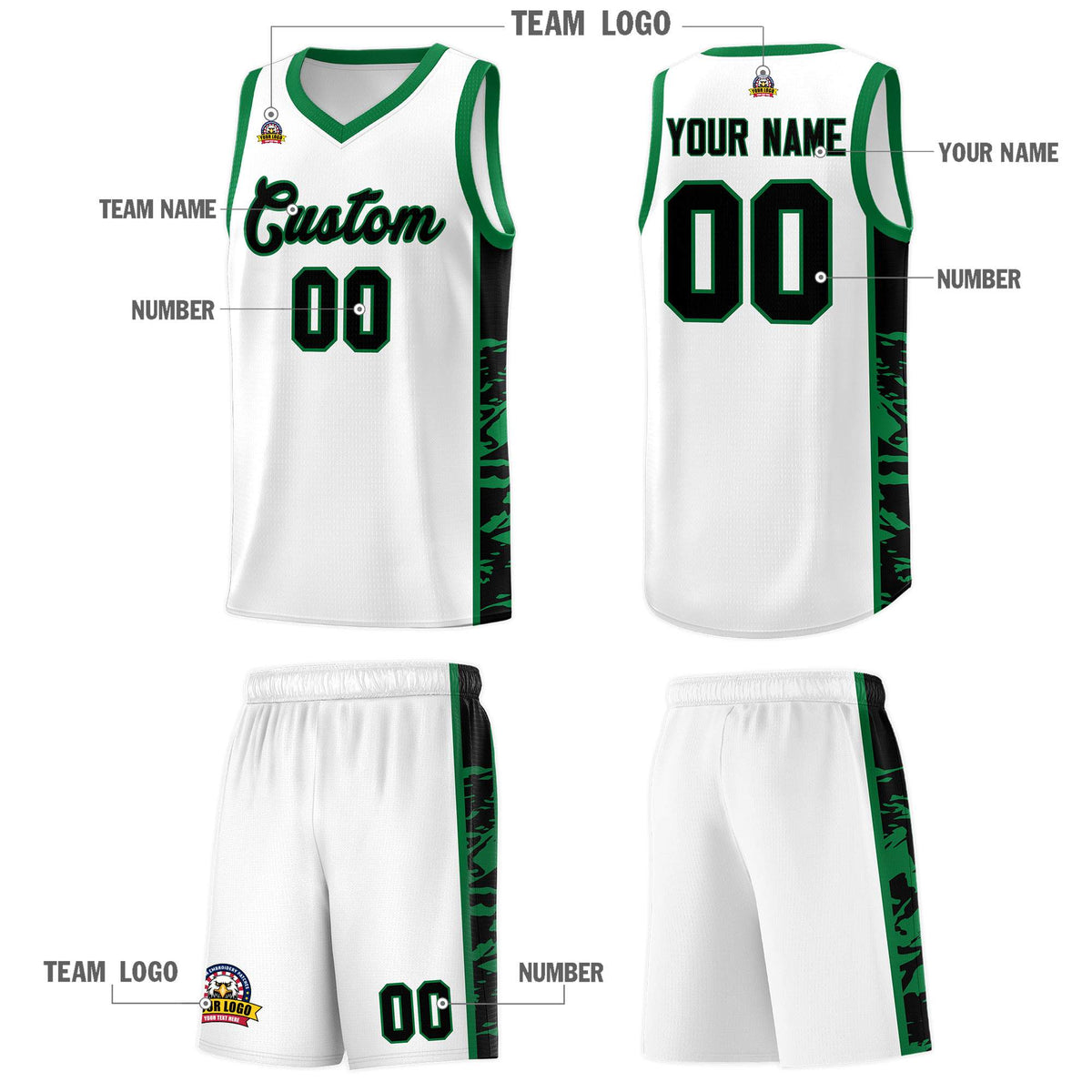 Custom White Kelly Green Side Gradient Pattern Basketball Kits