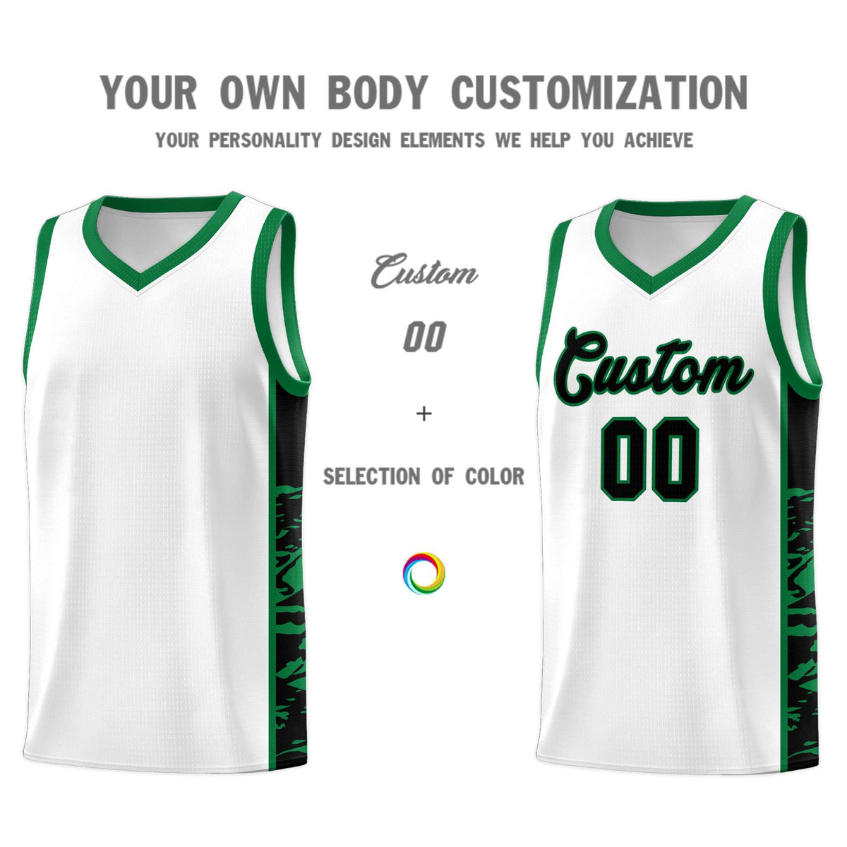 Custom White Kelly Green Side Gradient Pattern Basketball Kits