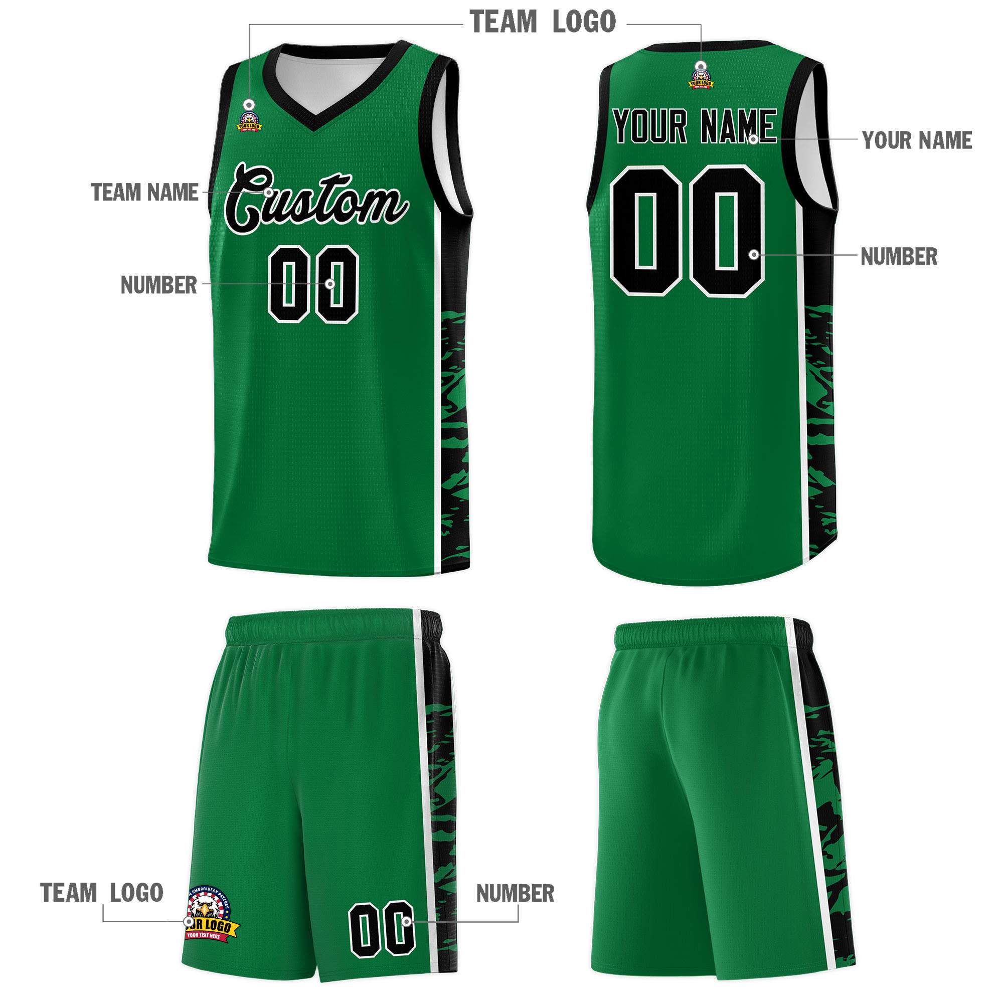 Custom Kelly Green Black Side Gradient Pattern Basketball Kits