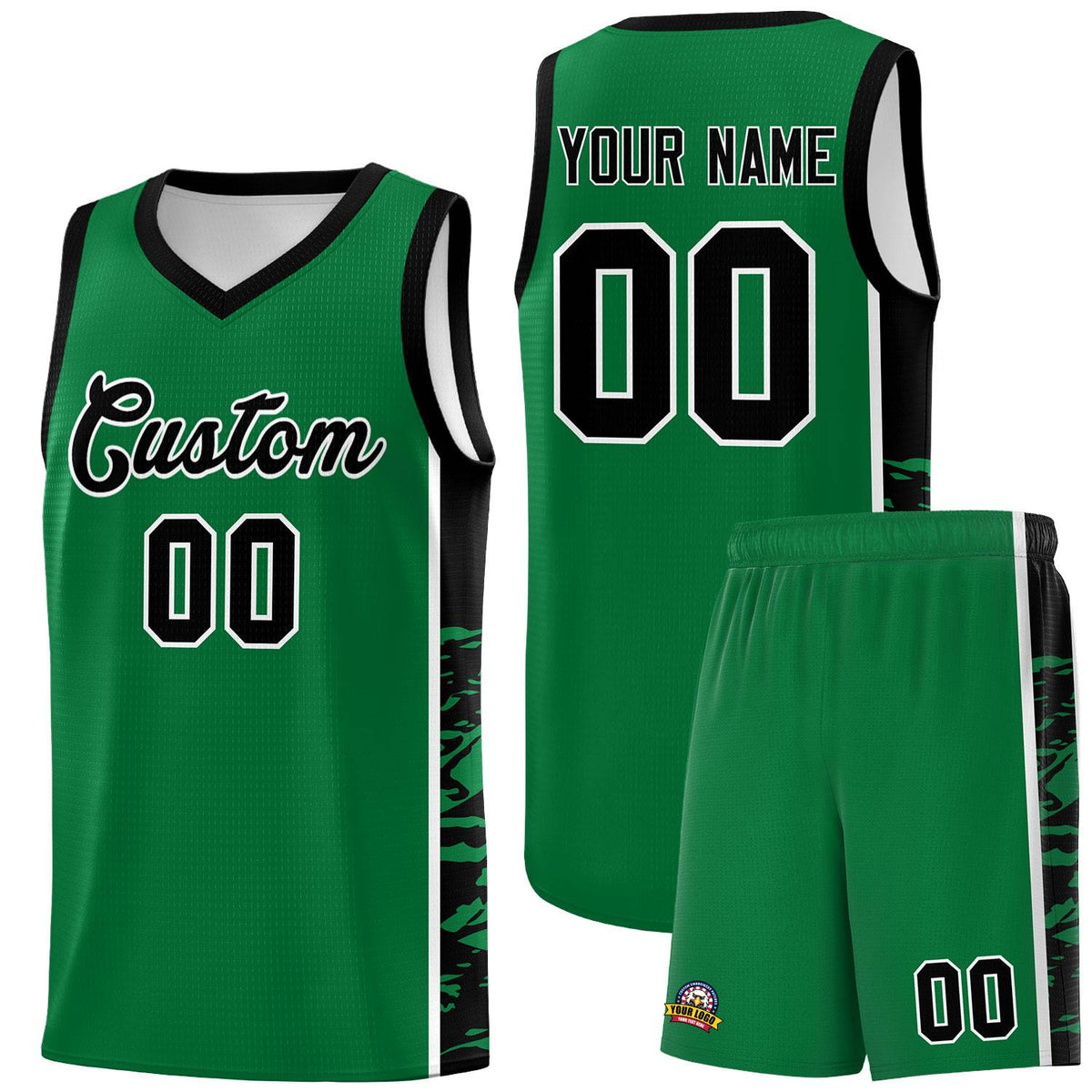 Custom Kelly Green Black Side Gradient Pattern Basketball Kits