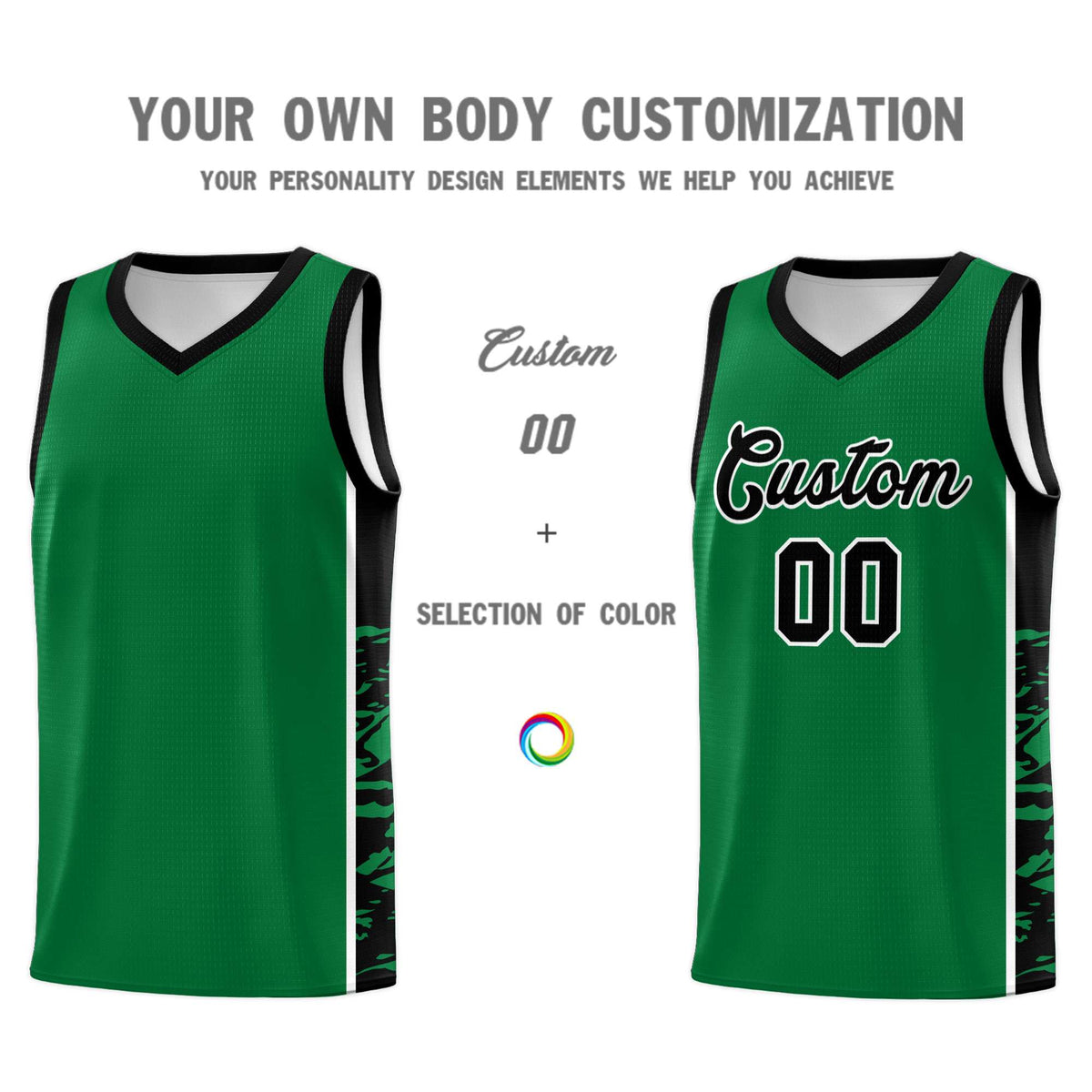 Custom Kelly Green Black Side Gradient Pattern Basketball Kits