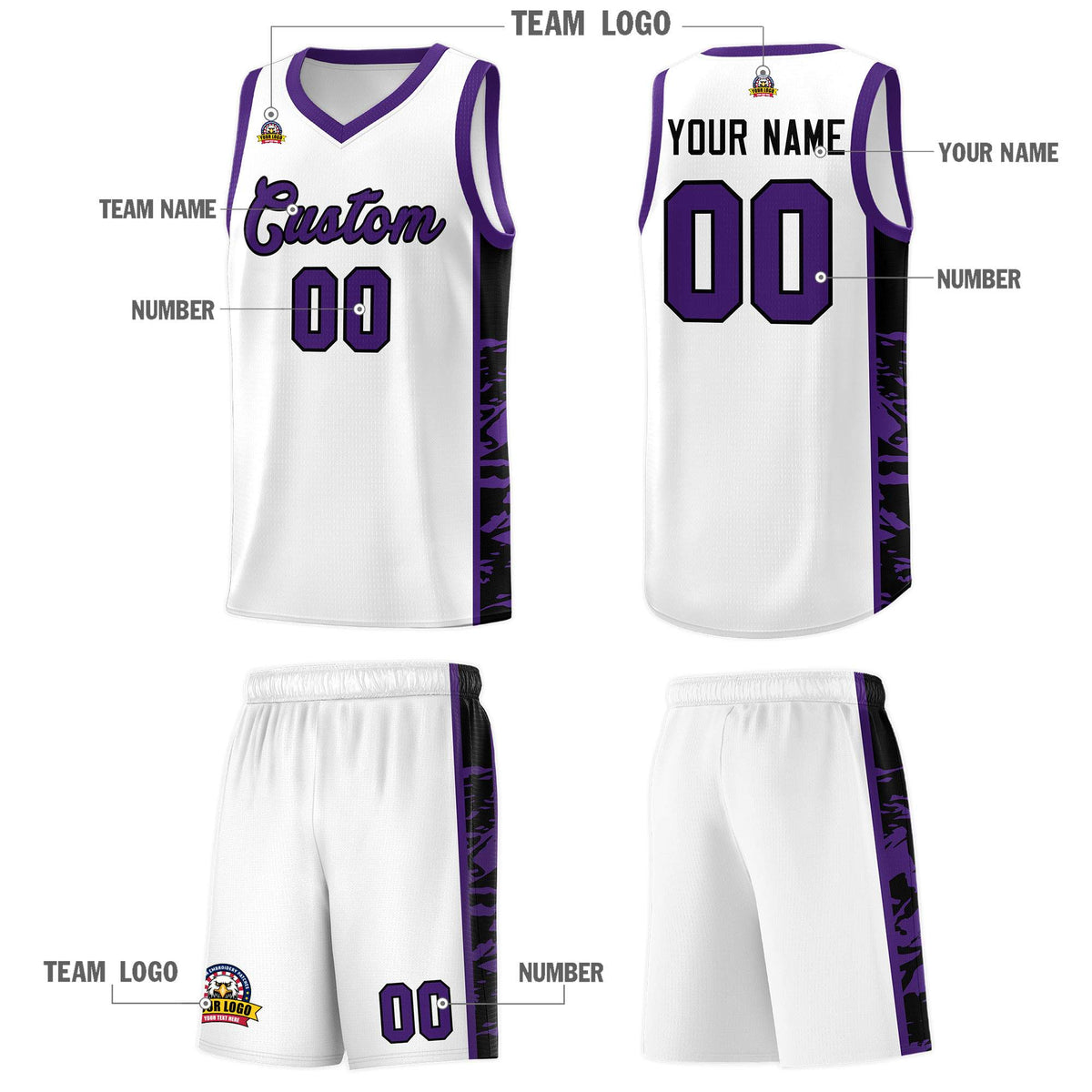 Custom White Purple Side Gradient Pattern Basketball Kits