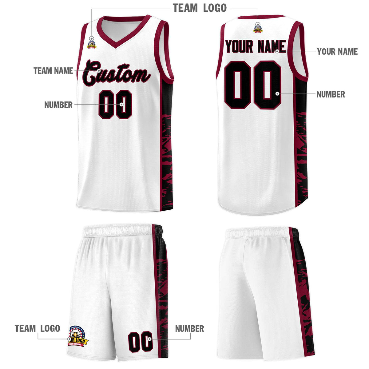 Custom White Crimson Side Gradient Pattern Basketball Kits