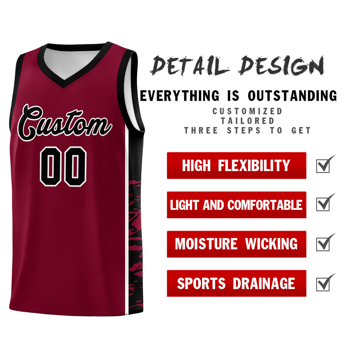 Custom Crimson Black Side Gradient Pattern Basketball Kits