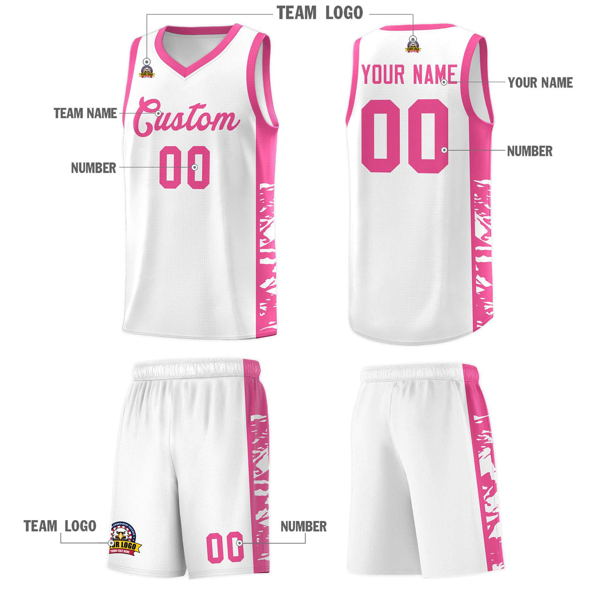 Custom White Pink Side Gradient Pattern Basketball Kits