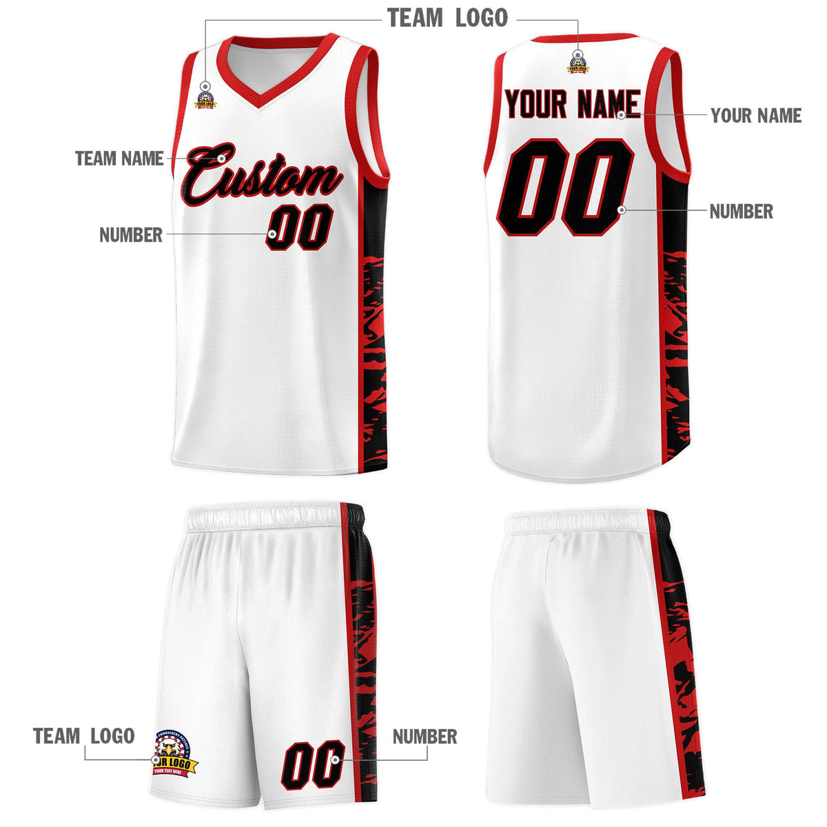 Custom White Red Side Gradient Pattern Basketball Kits