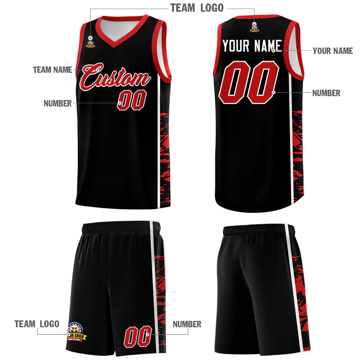Custom Black Red Side Gradient Pattern Basketball Kits