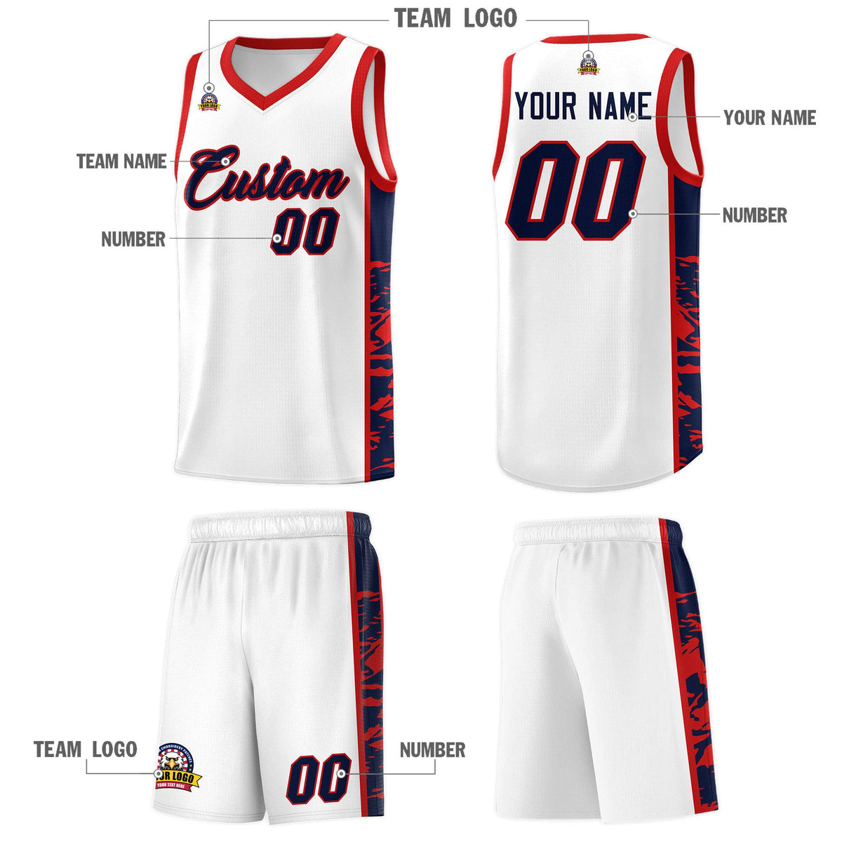 Custom White Red Side Gradient Pattern Basketball Kits