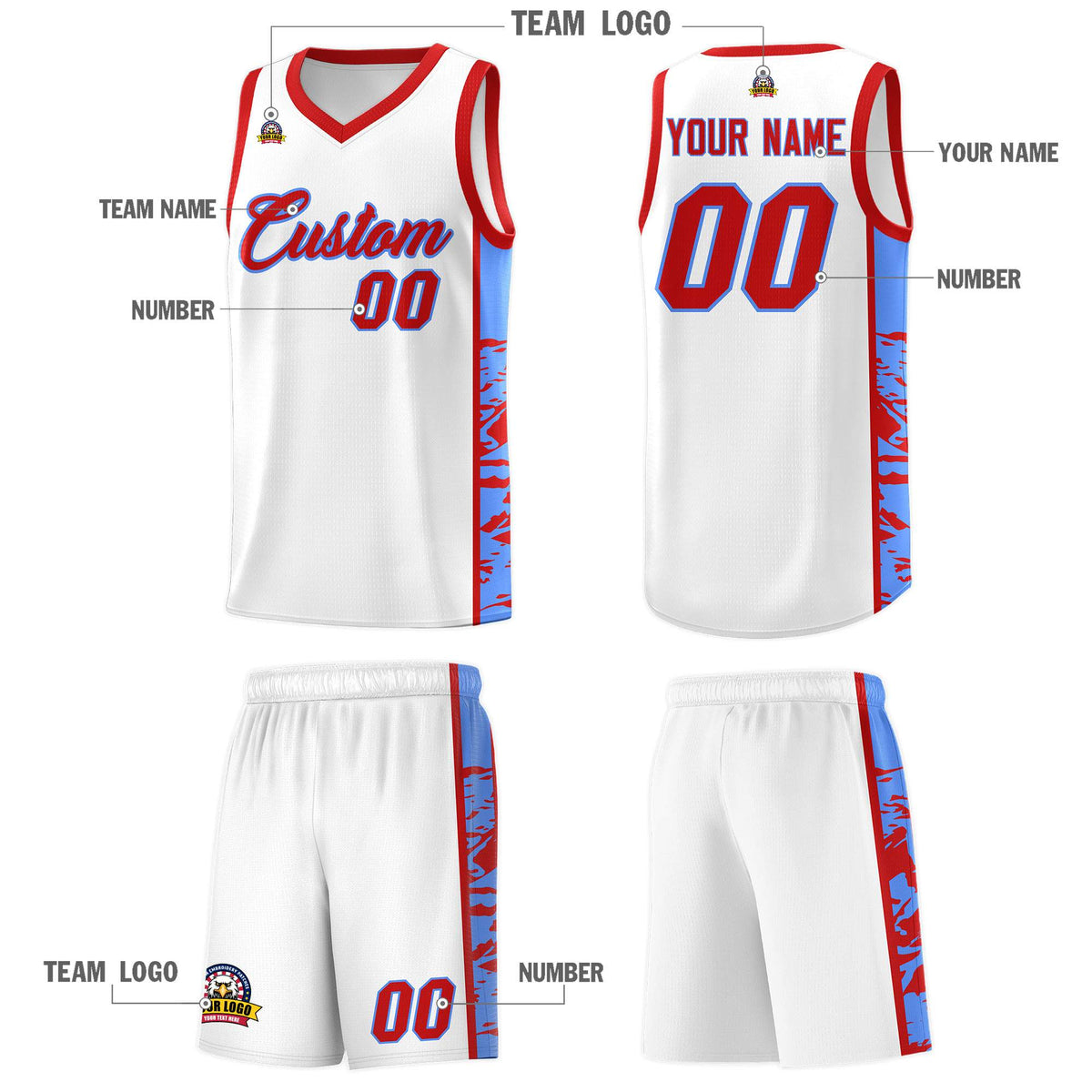 Custom White Red Side Gradient Pattern Basketball Kits