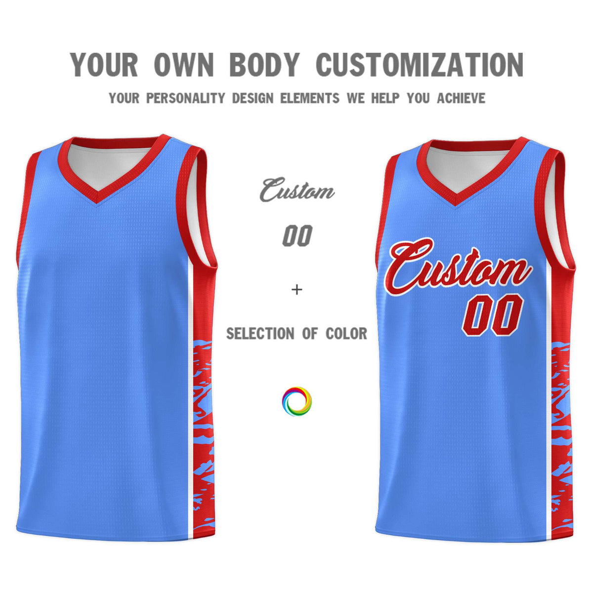 Custom Powder Blue Red Side Gradient Pattern Basketball Kits