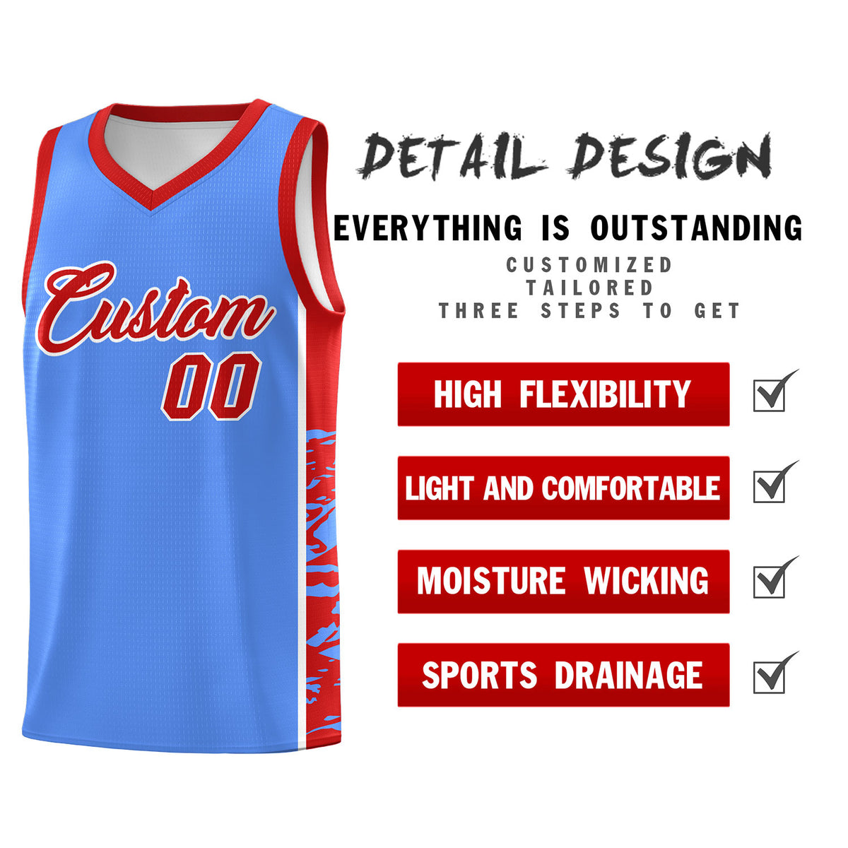 Custom Powder Blue Red Side Gradient Pattern Basketball Kits