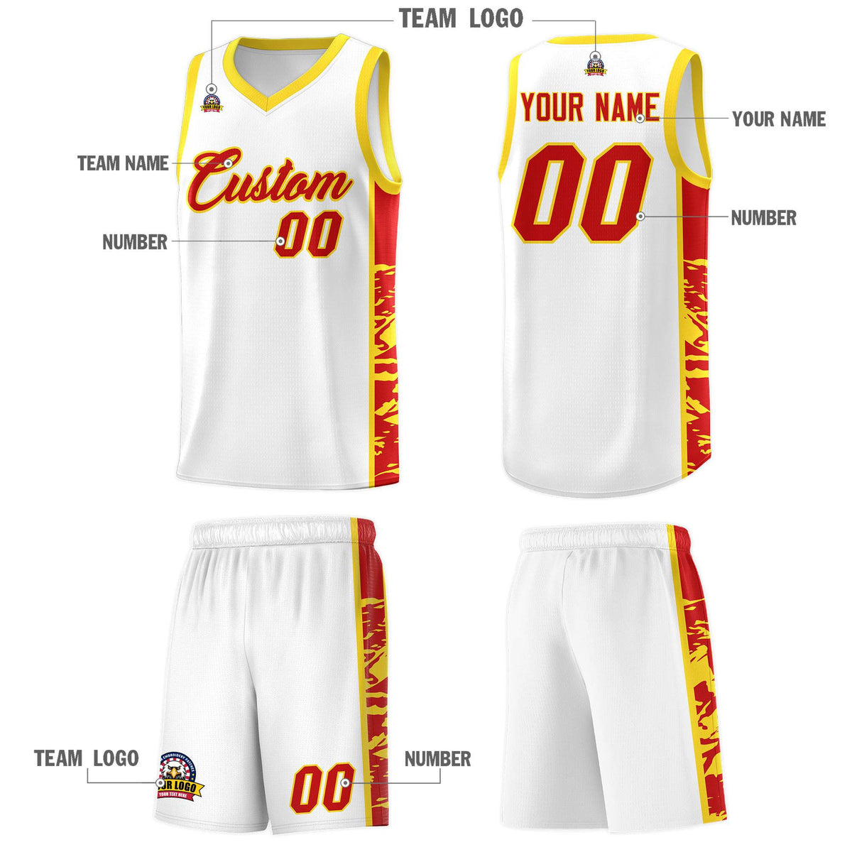 Custom White Gold Side Gradient Pattern Basketball Kits
