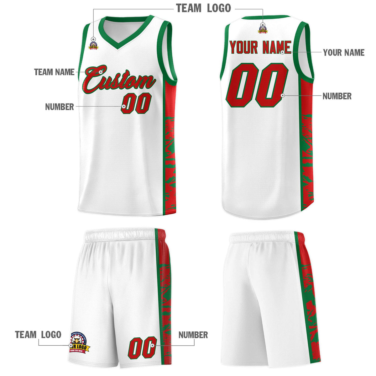 Custom White Kelly Green Side Gradient Pattern Basketball Kits