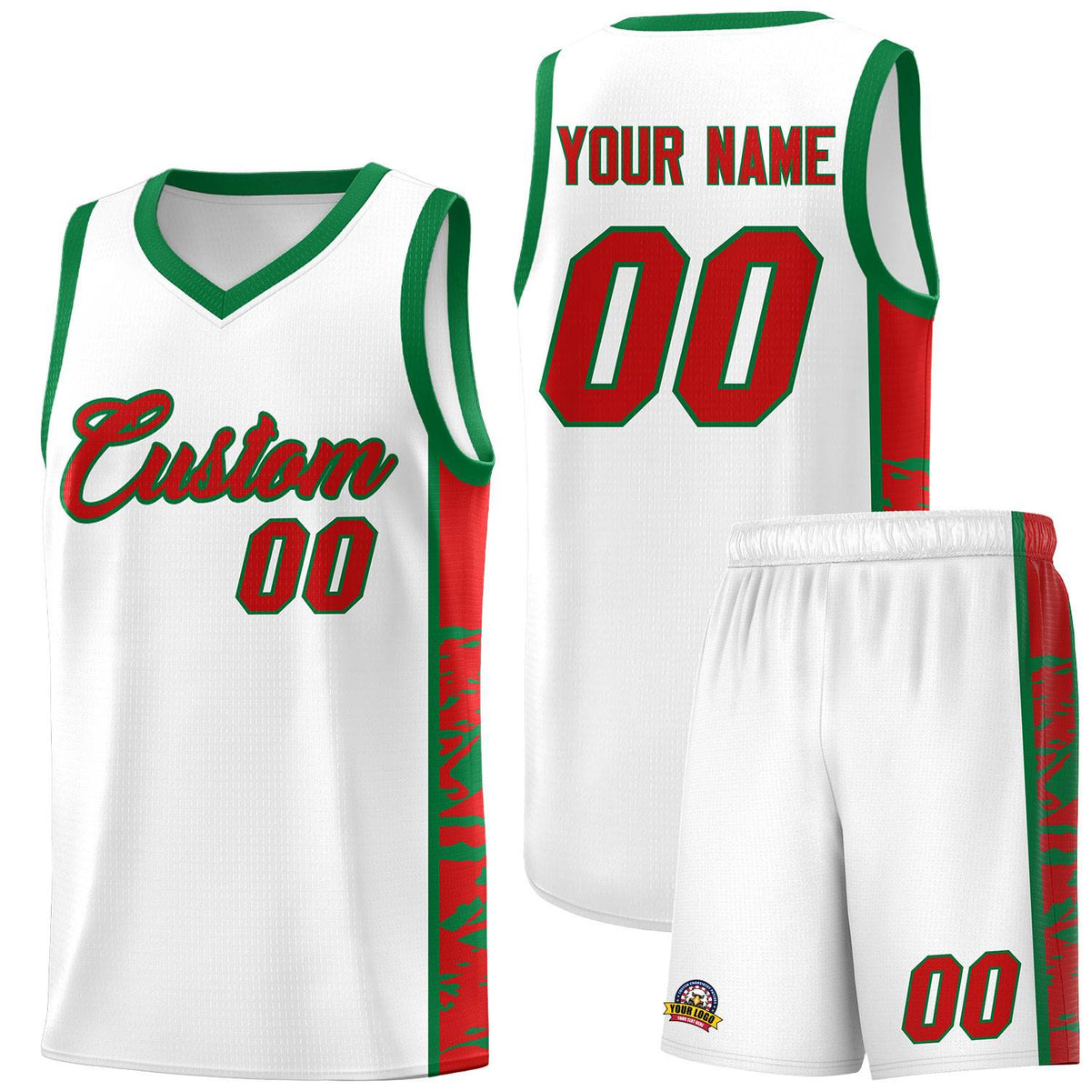 Custom White Kelly Green Side Gradient Pattern Basketball Kits