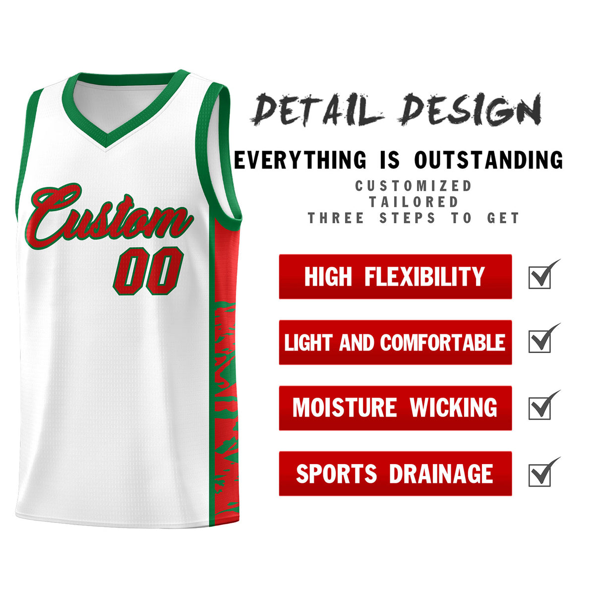 Custom White Kelly Green Side Gradient Pattern Basketball Kits