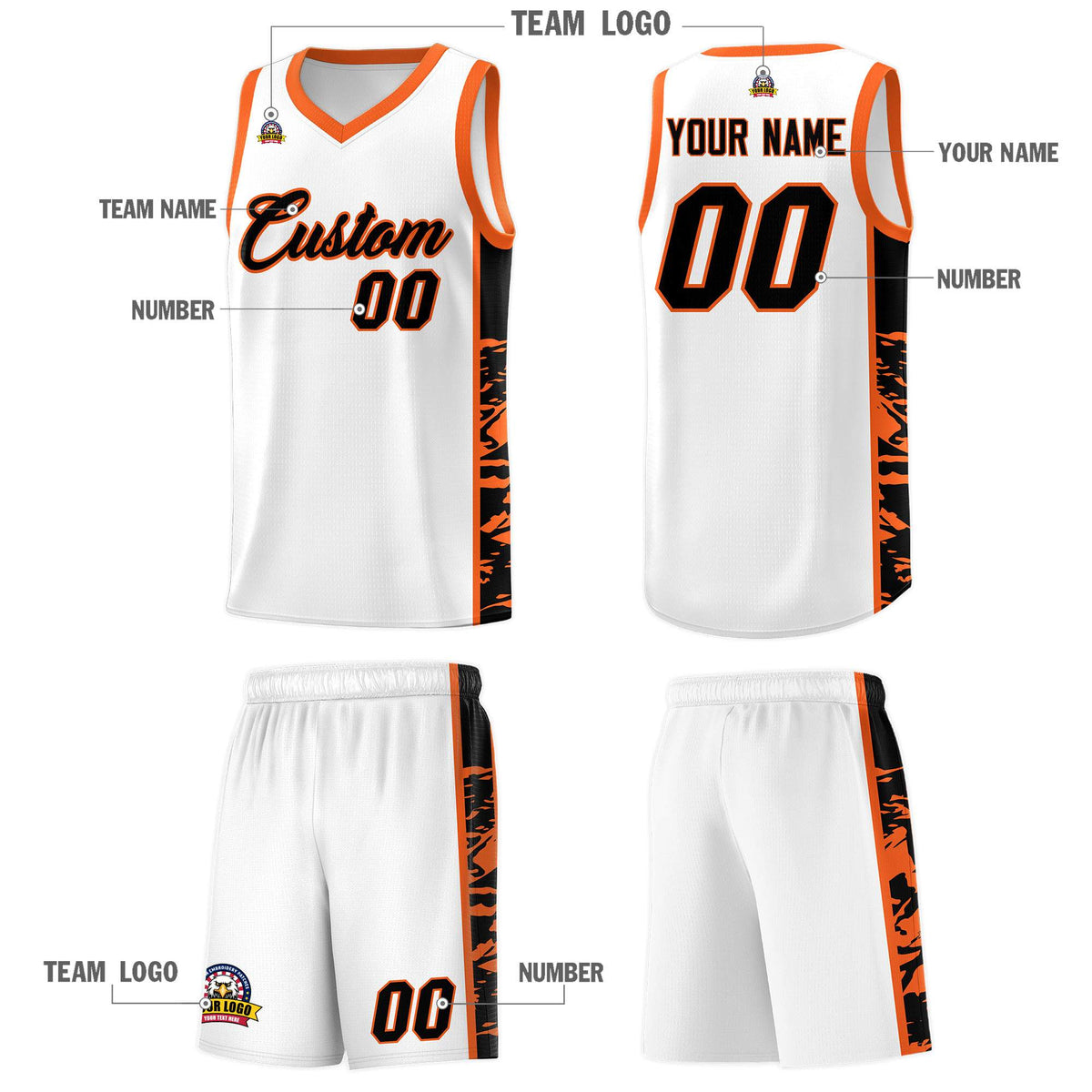 Custom White Orange Side Gradient Pattern Basketball Kits