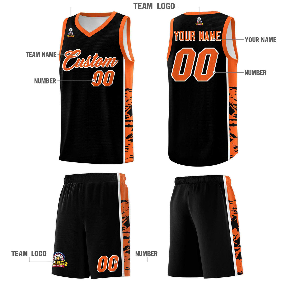 Custom Black Orange Side Gradient Pattern Basketball Kits