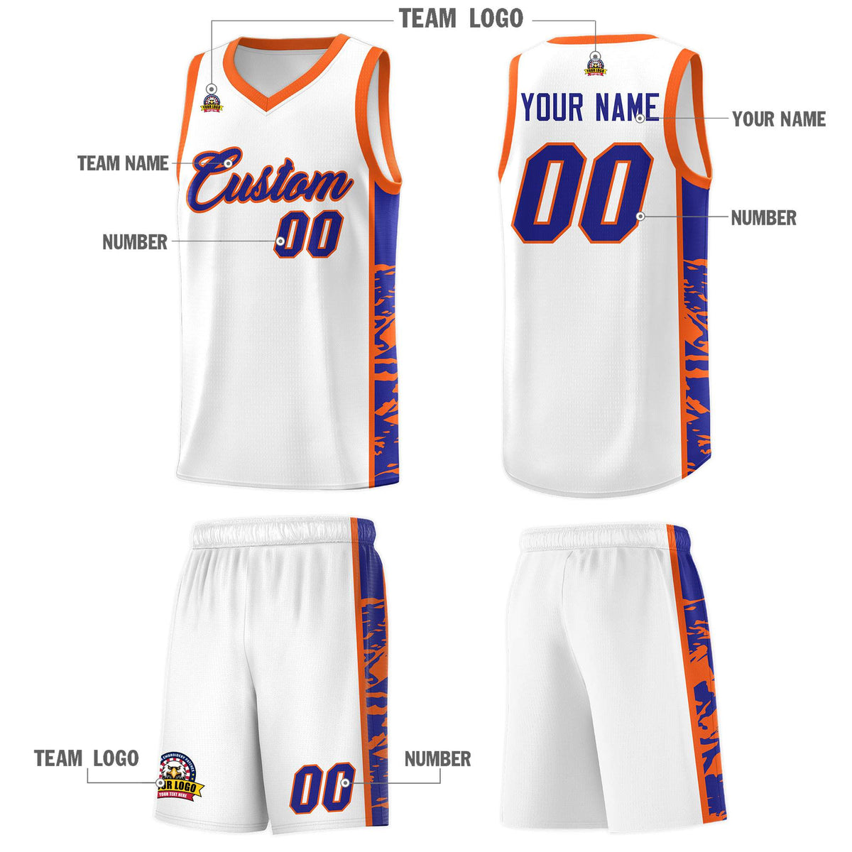 Custom White Orange Side Gradient Pattern Basketball Kits