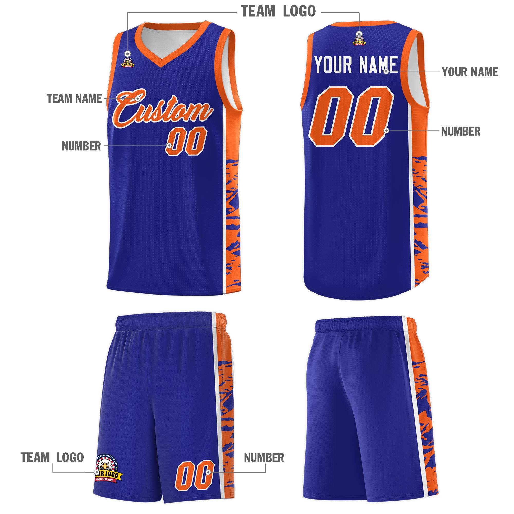 Custom Royal Orange Side Gradient Pattern Basketball Kits