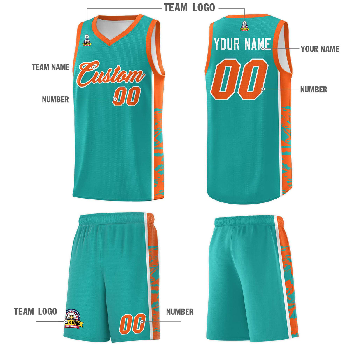 Custom Aqua Orange Side Gradient Pattern Basketball Kits