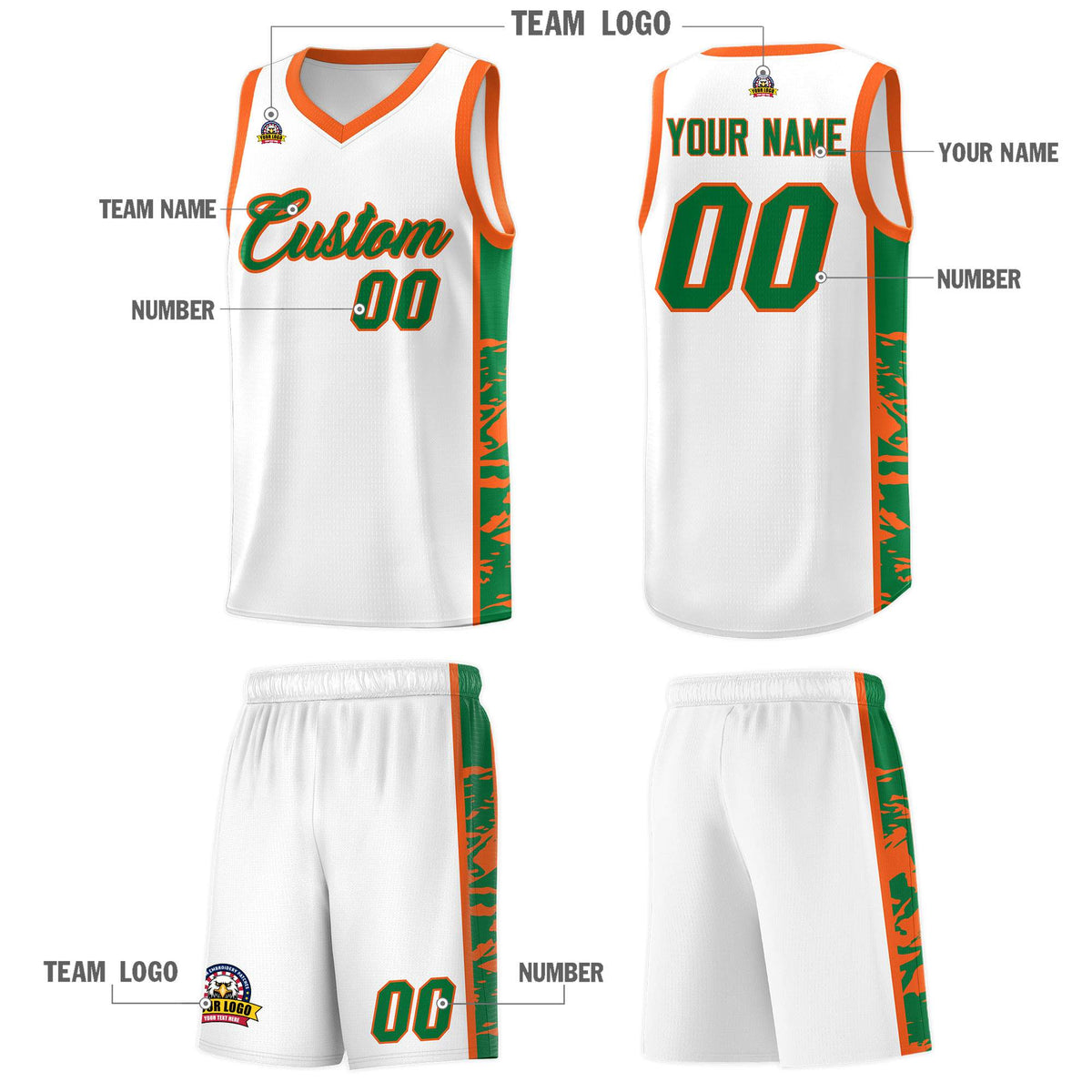 Custom White Orange Side Gradient Pattern Basketball Kits