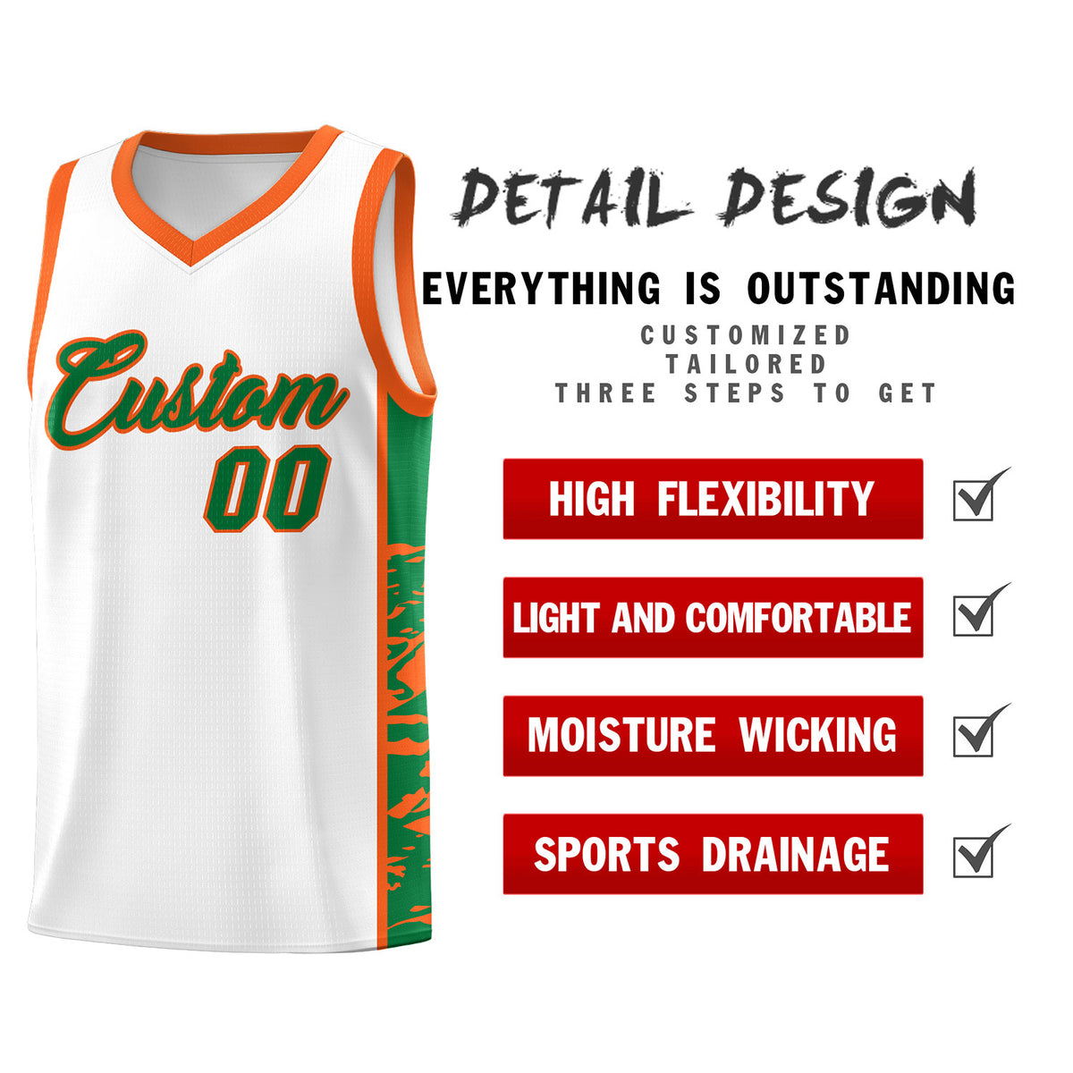 Custom White Orange Side Gradient Pattern Basketball Kits