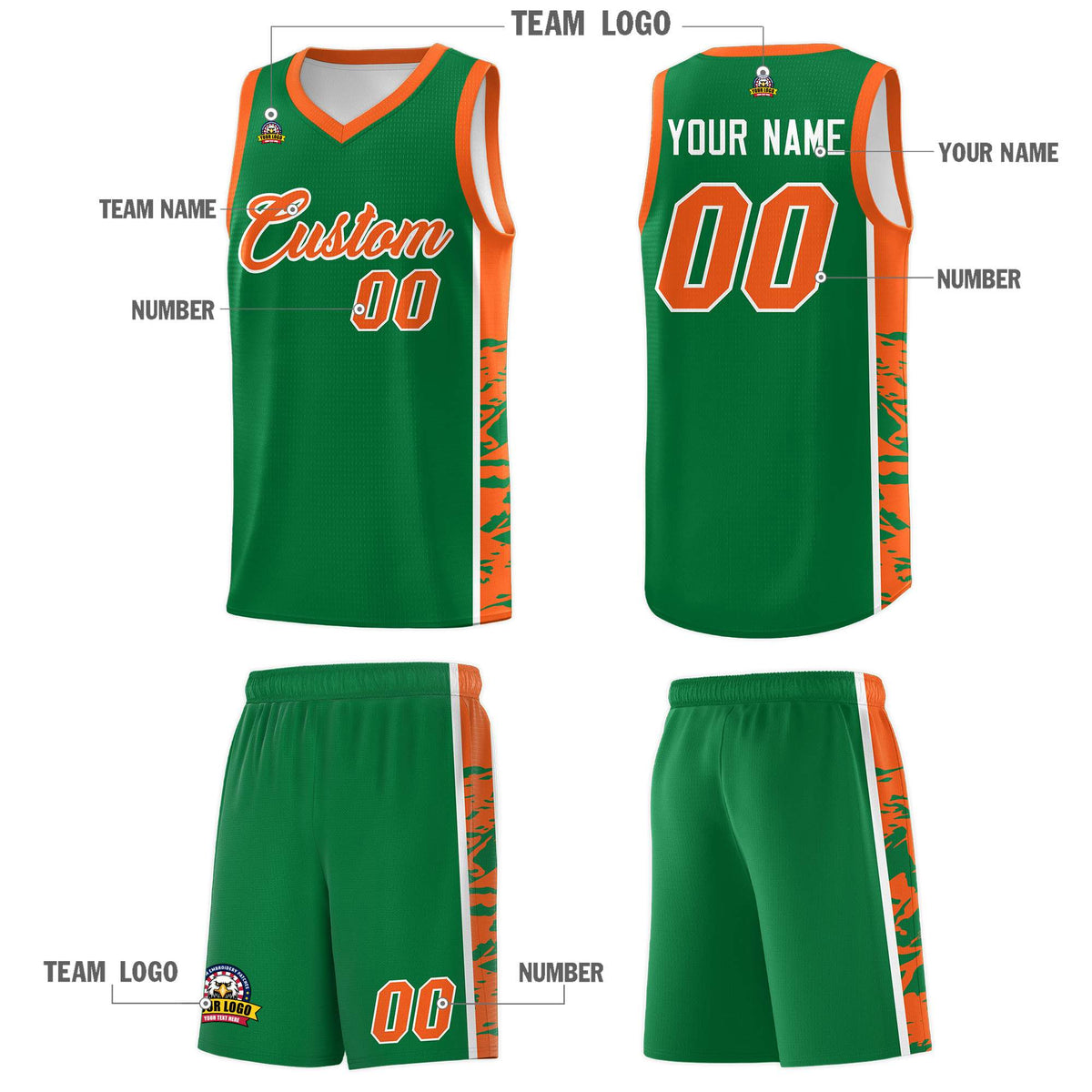Custom Kelly Green Orange Side Gradient Pattern Basketball Kits