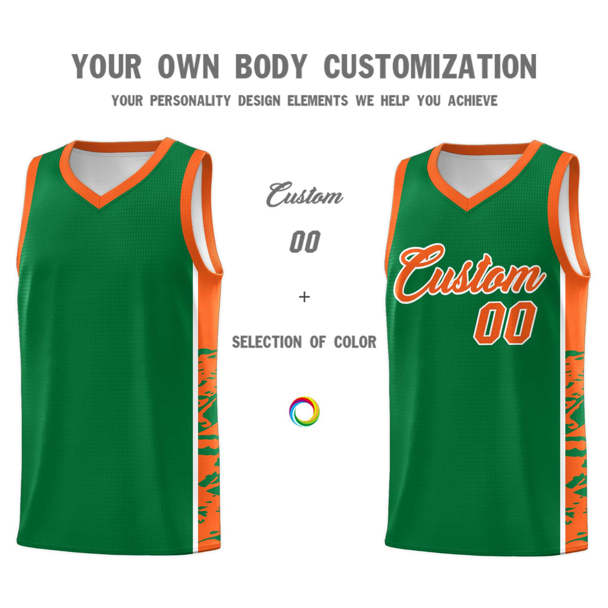 Custom Kelly Green Orange Side Gradient Pattern Basketball Kits