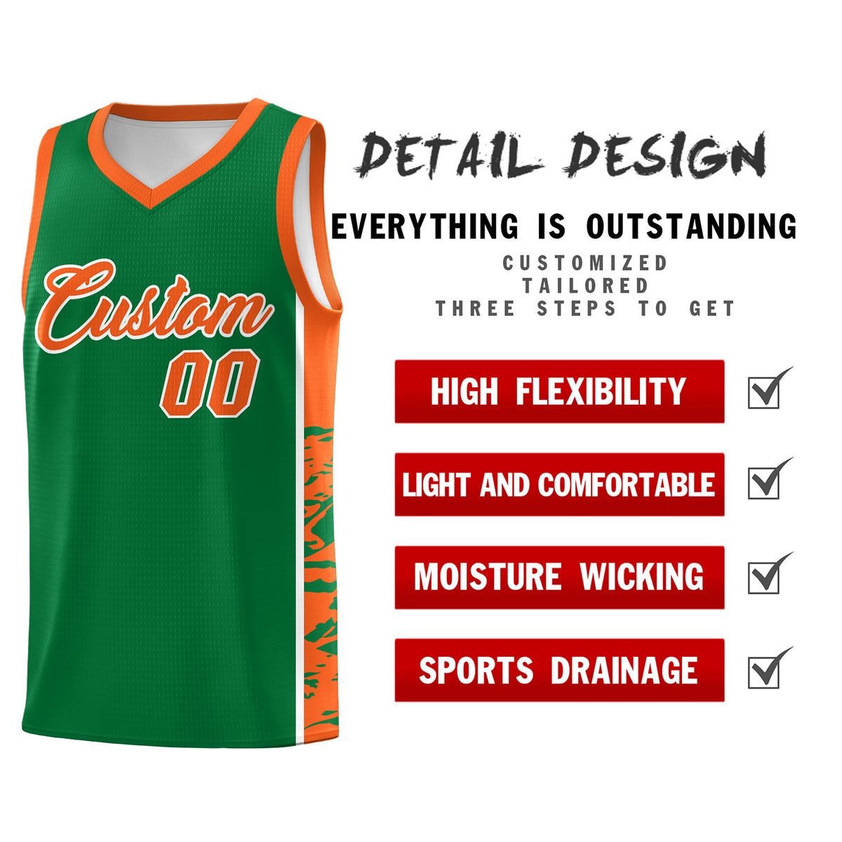Custom Kelly Green Orange Side Gradient Pattern Basketball Kits