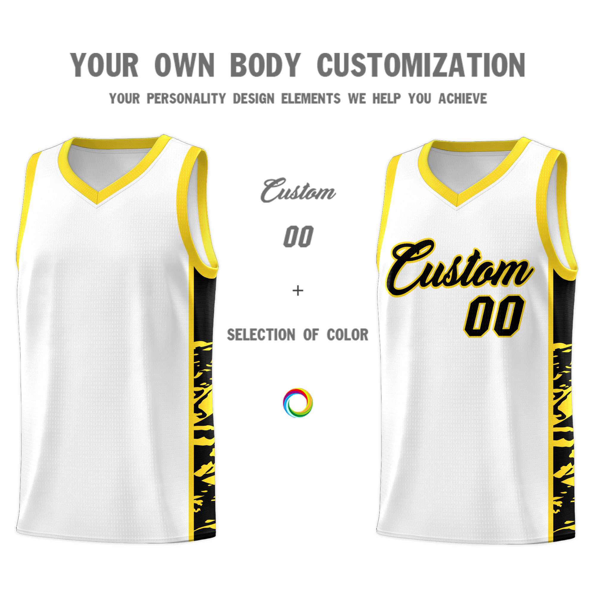 Custom White Gold Side Gradient Pattern Basketball Kits