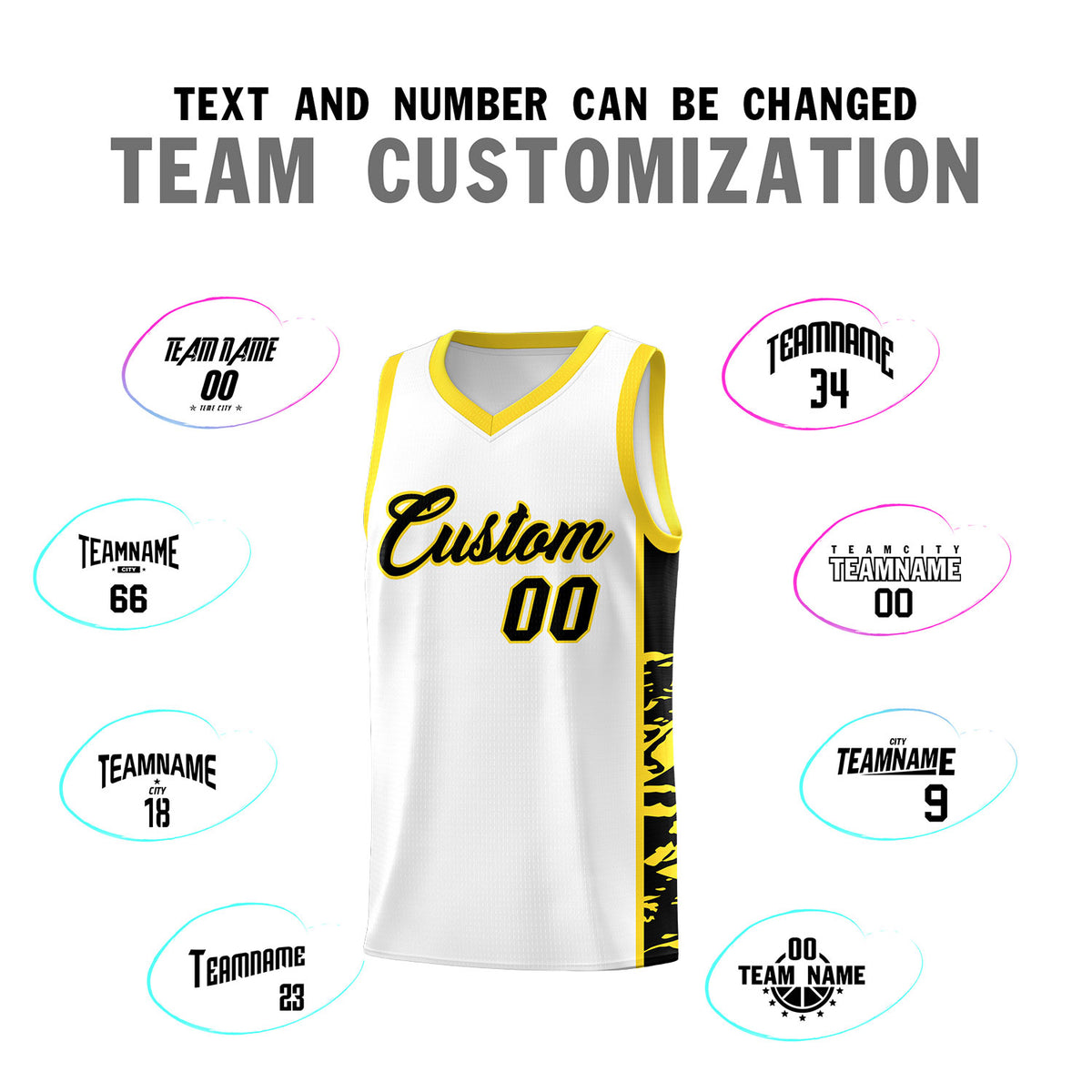 Custom White Gold Side Gradient Pattern Basketball Kits