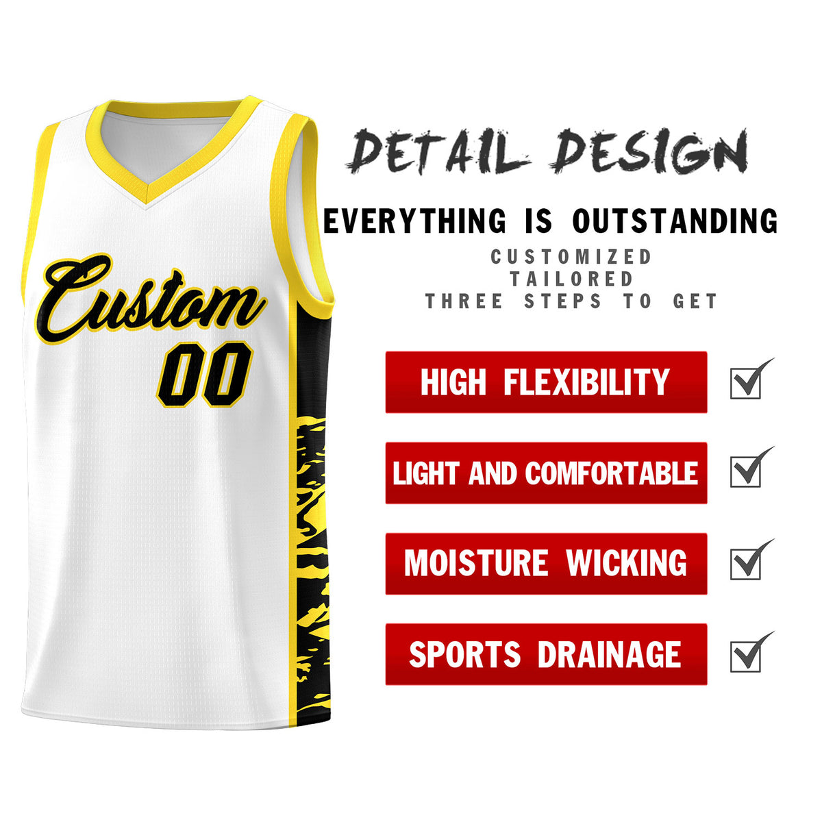 Custom White Gold Side Gradient Pattern Basketball Kits