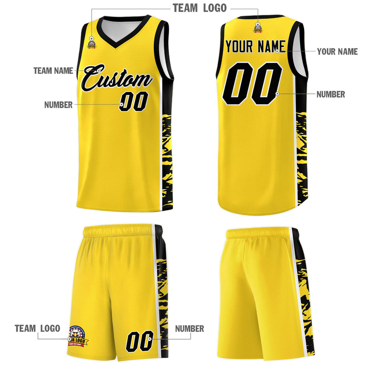 Custom Gold Black Side Gradient Pattern Basketball Kits