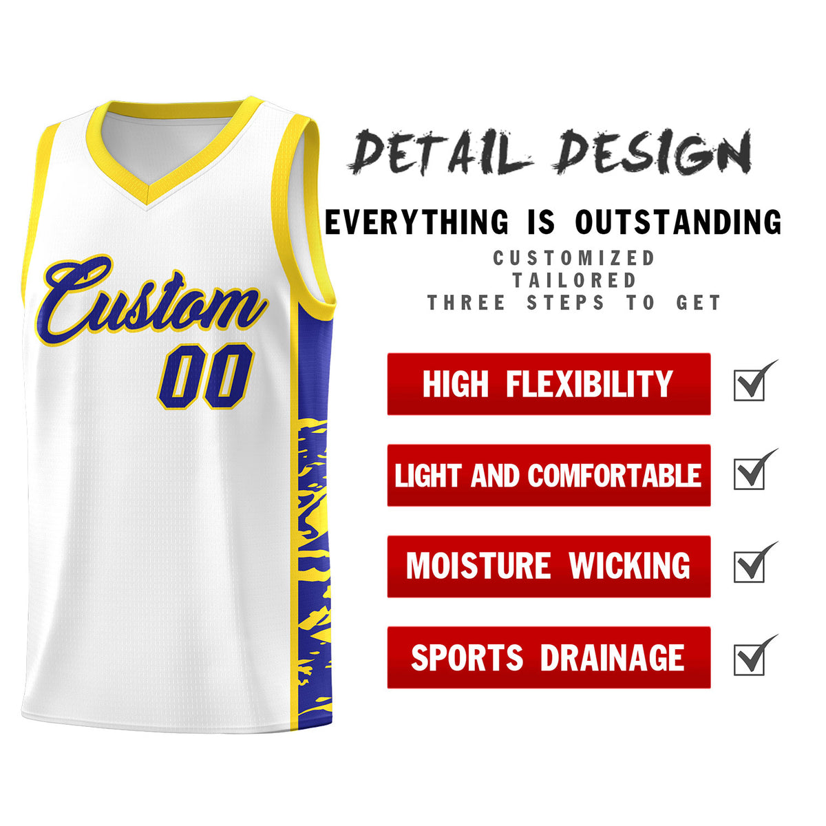Custom White Gold Side Gradient Pattern Basketball Kits