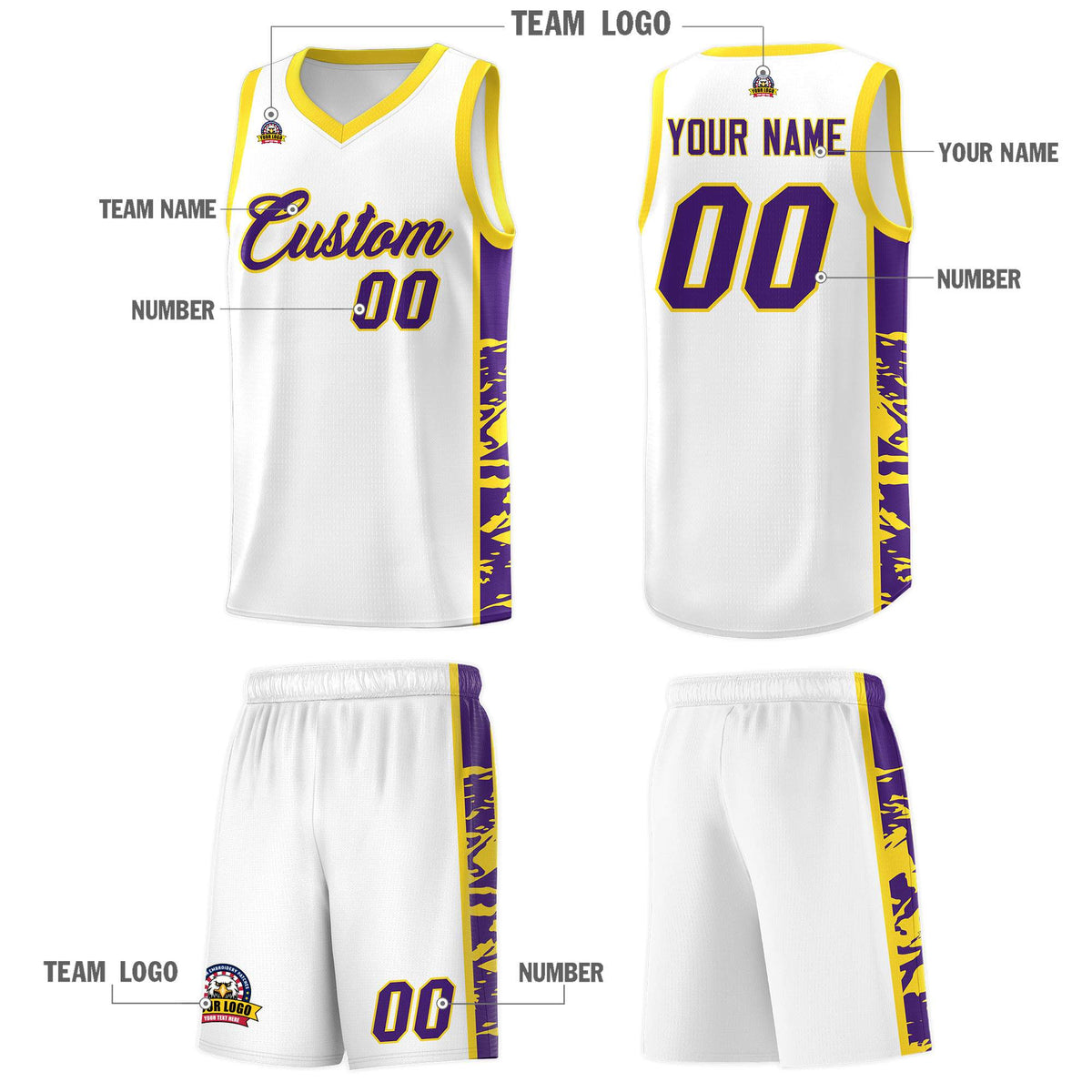 Custom White Gold Side Gradient Pattern Basketball Kits