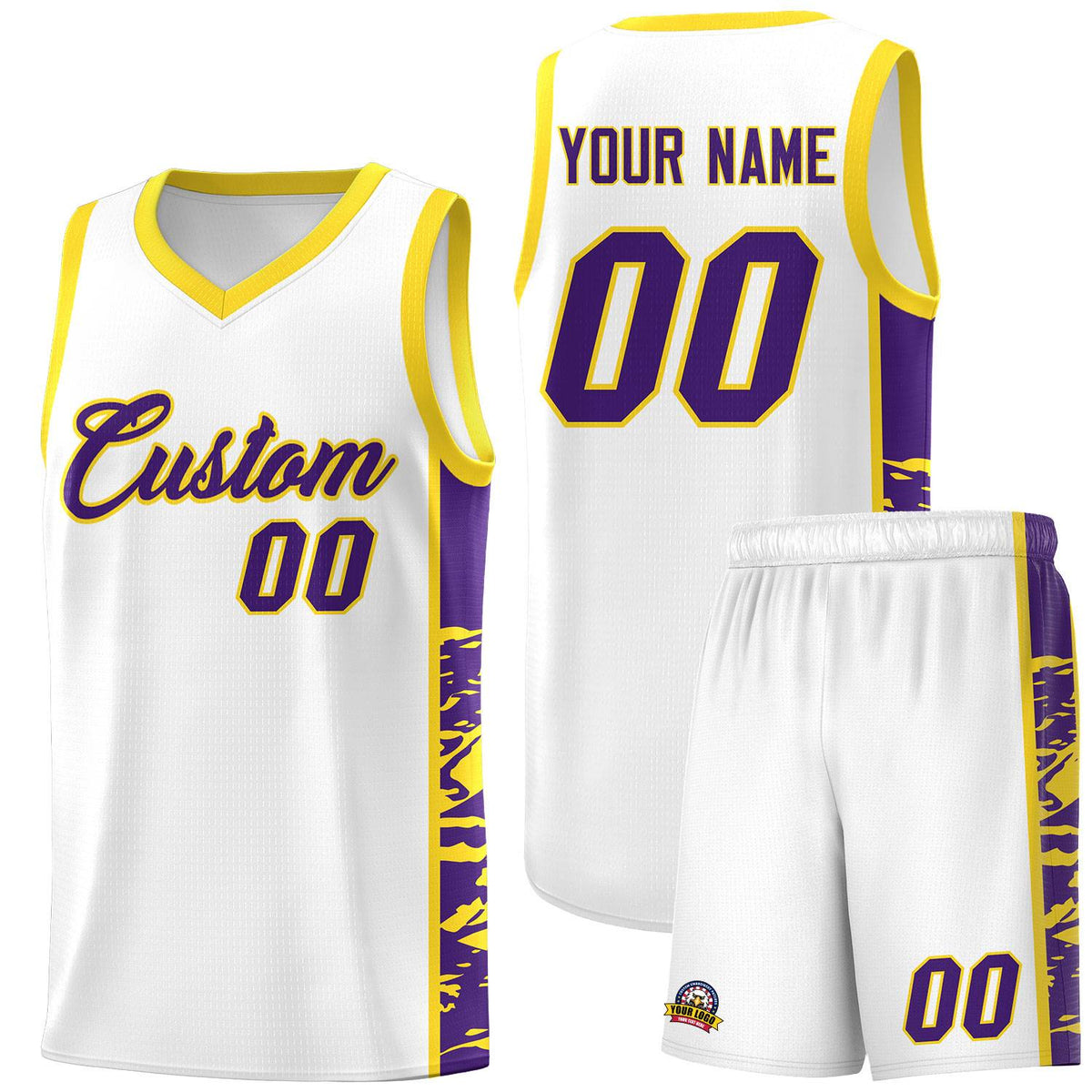 Custom White Gold Side Gradient Pattern Basketball Kits