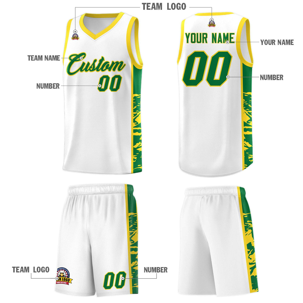 Custom White Gold Side Gradient Pattern Basketball Kits