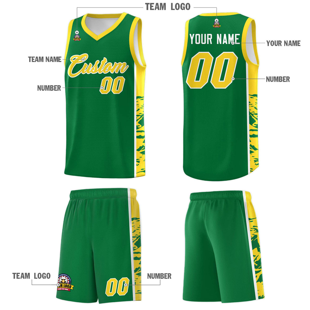 Custom Kelly Green Gold Side Gradient Pattern Basketball Kits