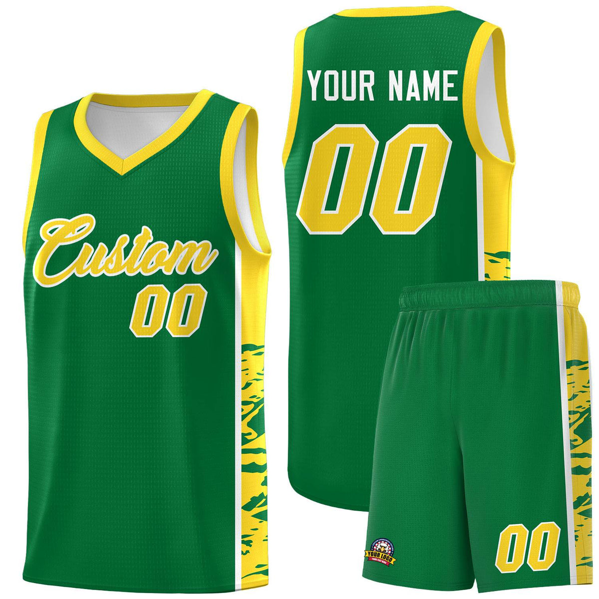 Custom Kelly Green Gold Side Gradient Pattern Basketball Kits