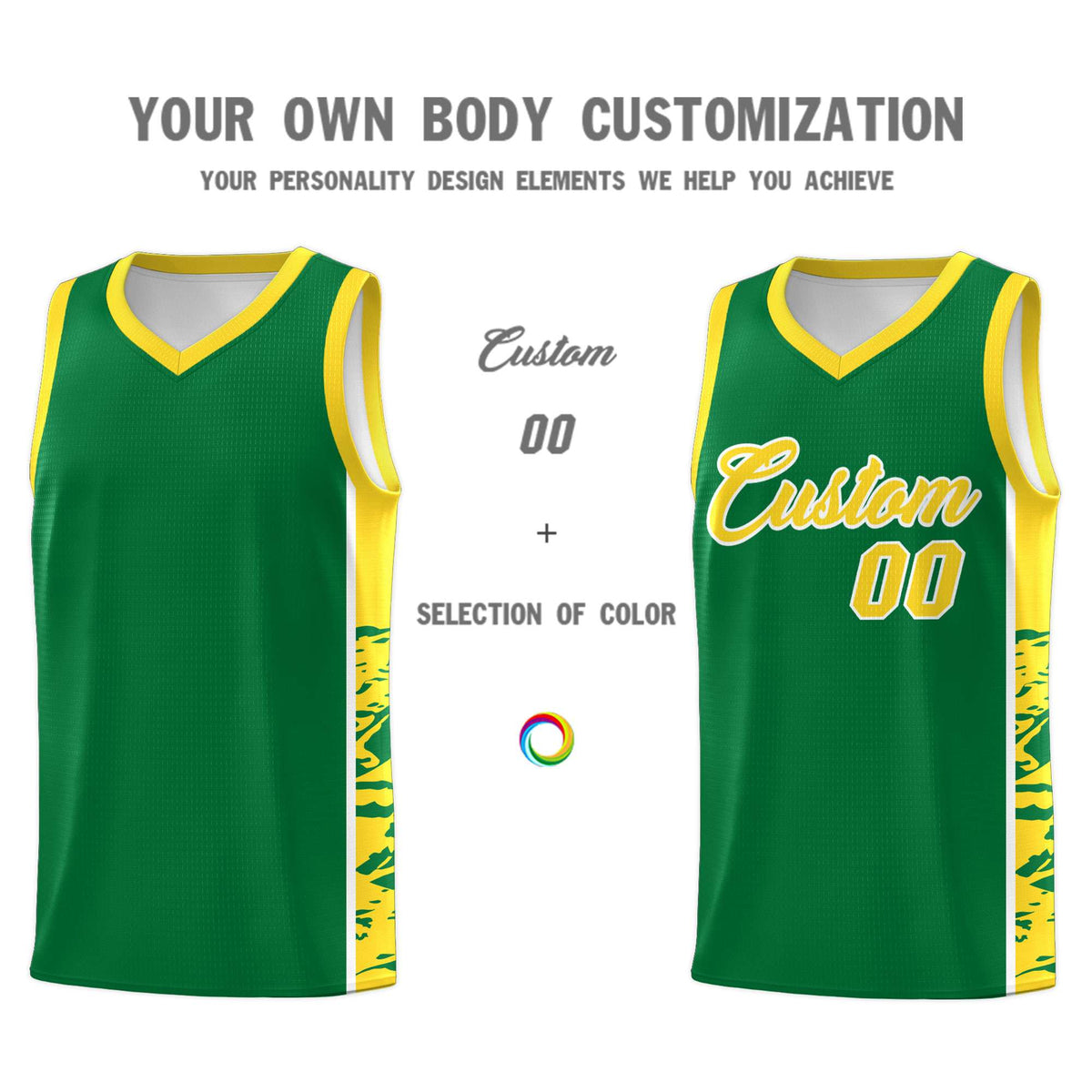 Custom Kelly Green Gold Side Gradient Pattern Basketball Kits