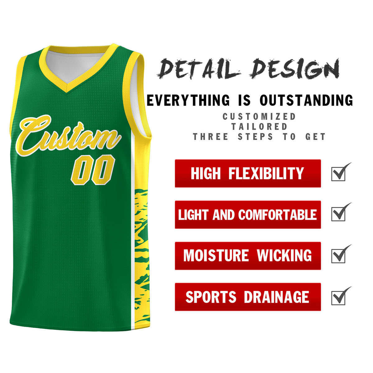 Custom Kelly Green Gold Side Gradient Pattern Basketball Kits