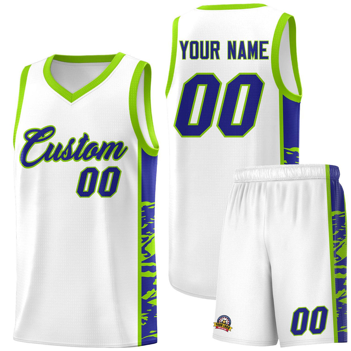Custom White Neon Green Side Gradient Pattern Basketball Kits