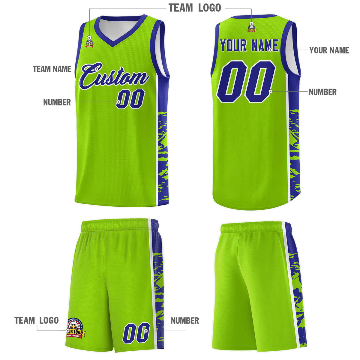 Custom Neon Green Royal Side Gradient Pattern Basketball Kits