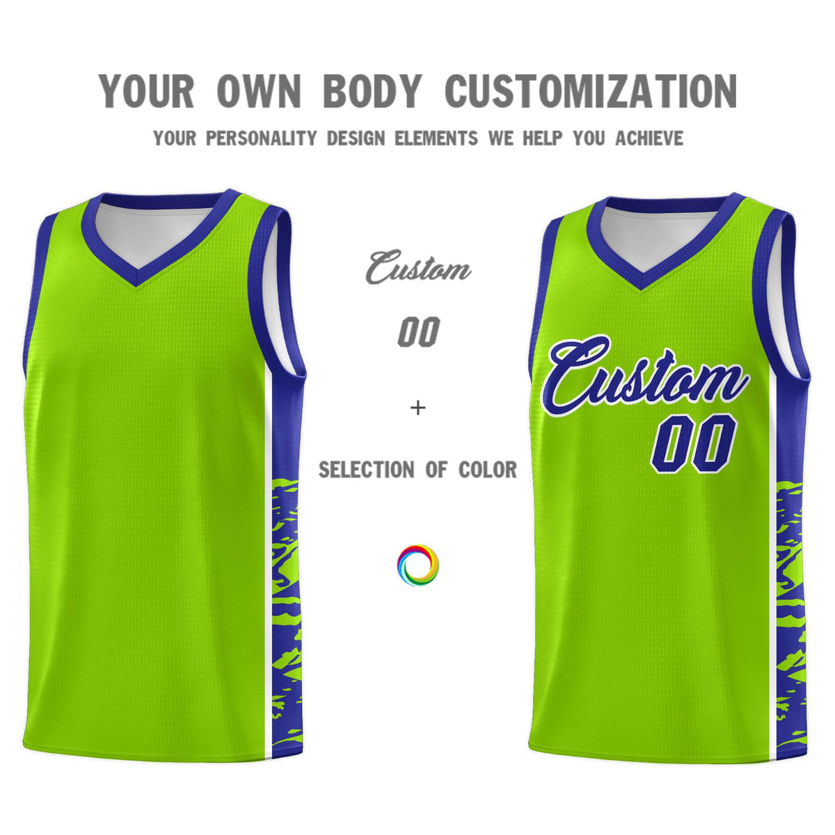 Custom Neon Green Royal Side Gradient Pattern Basketball Kits