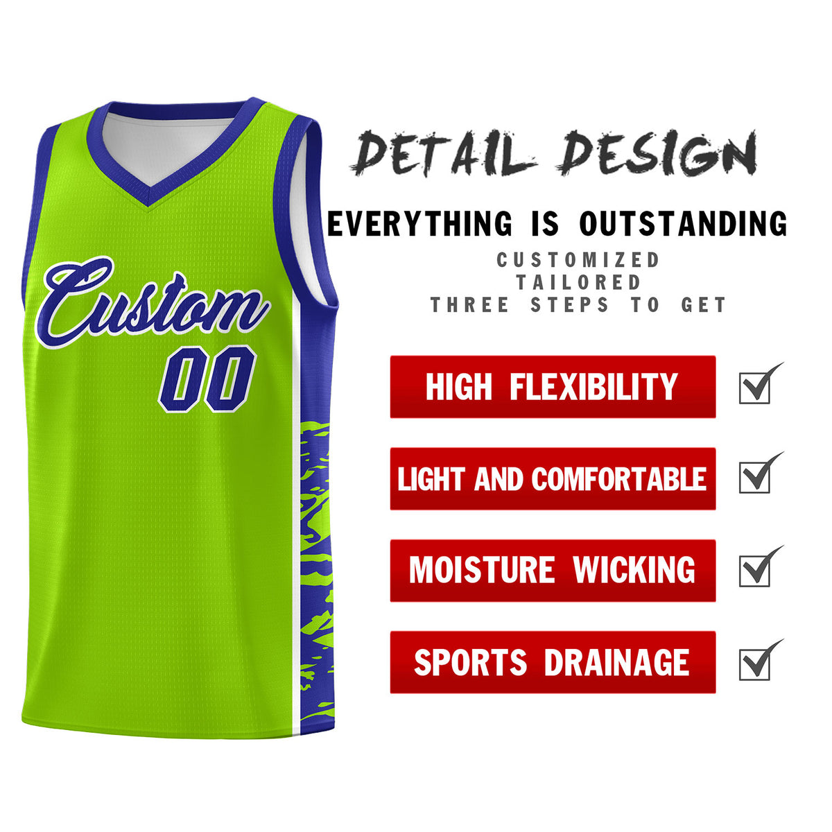 Custom Neon Green Royal Side Gradient Pattern Basketball Kits