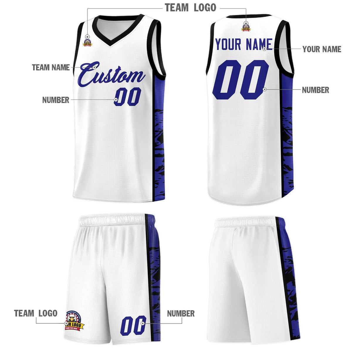Custom White Black Side Gradient Pattern Basketball Kits