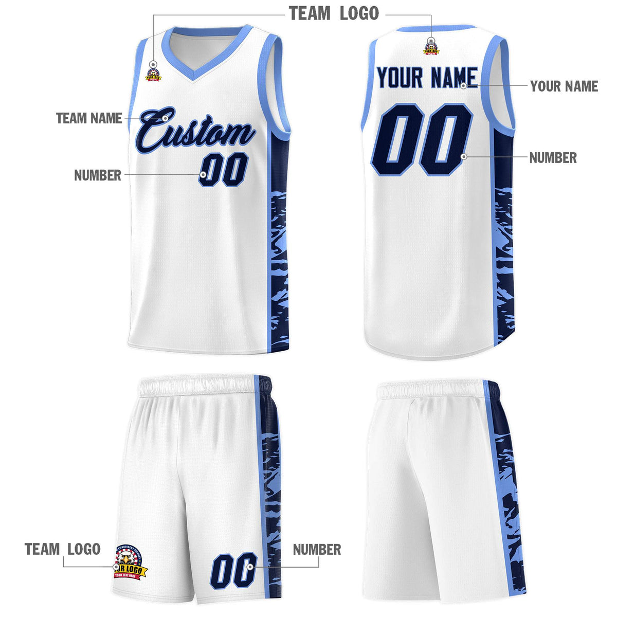 Custom White Light Blue Side Gradient Pattern Basketball Kits