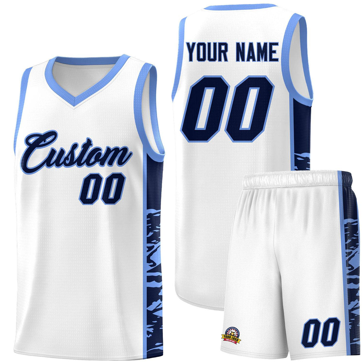 Custom White Light Blue Side Gradient Pattern Basketball Kits